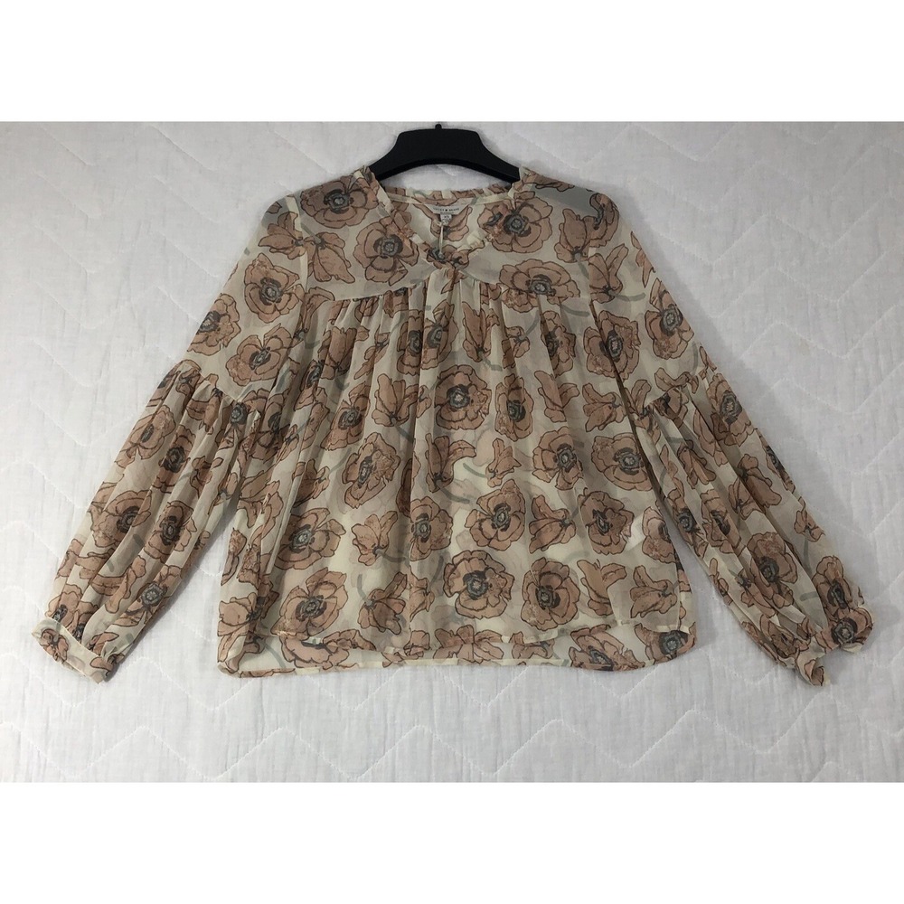 Lucky Brand Top Womens XS Floral Tan Pink Blush Peasant Bell Sleeve Sheer NWT
